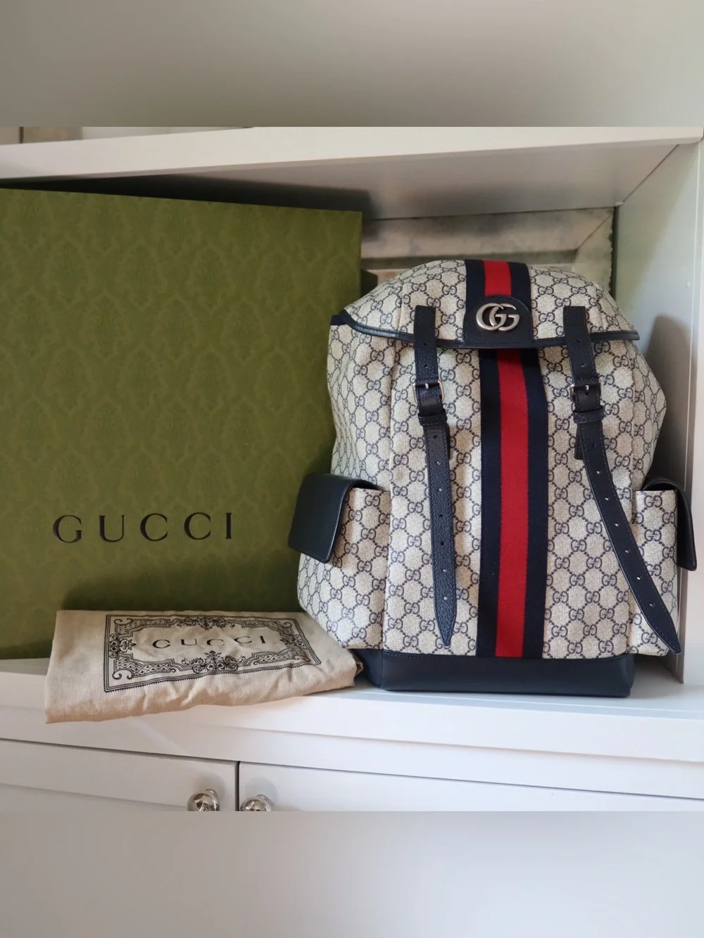 Gucci Beige GG Canvas Backpack with Red & Blue Web Stripe